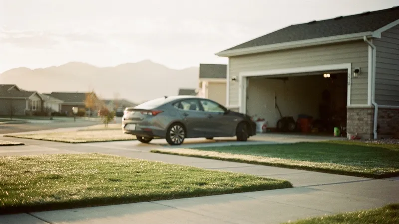 A car backing out of a suburban Utah driveway in early morning light.