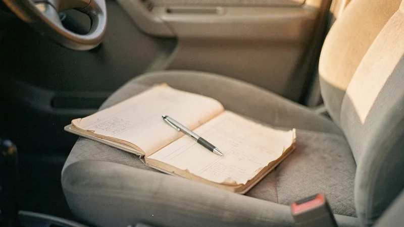 A paper logbook and pen on a car's passenger seat in late-afternoon light.