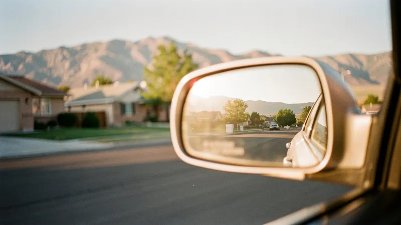 A car's side mirror reflecting a quiet suburban Utah street and distant mountains.